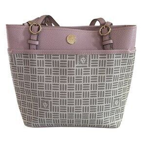 Anne Klein Pink & Grey Tote Bag - Gold Hardware - Geometric Print Purse Satchel